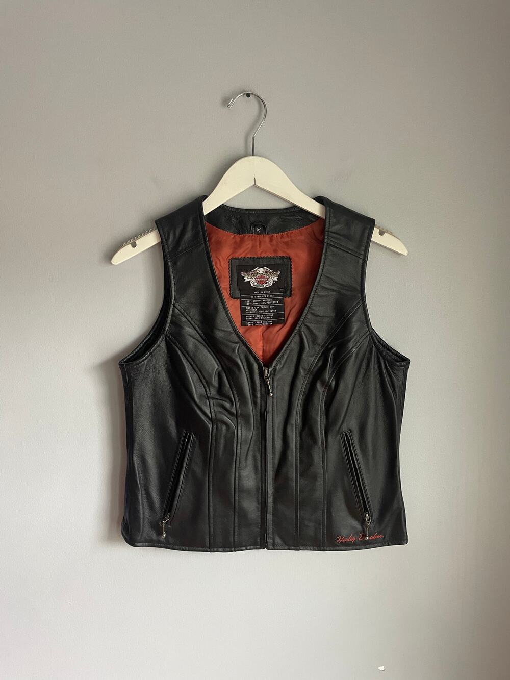 Harley Davidson Womens Black Leather Vest Zip Front Bar Shield Patch Sz M